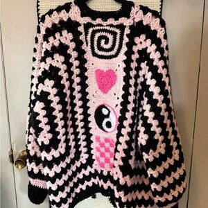 Pink & Black Crochet Heart Yin Yang Sweater